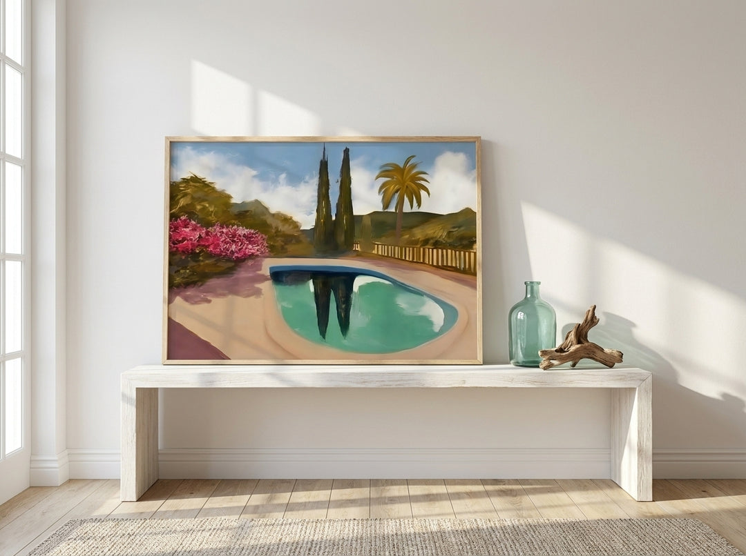 Modern wall art print standing on a console in a coastal living room