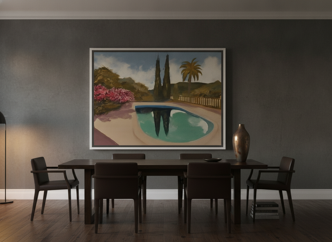 Oversized statement canvas wall art with a white surround styled on the wall in a moody dining room