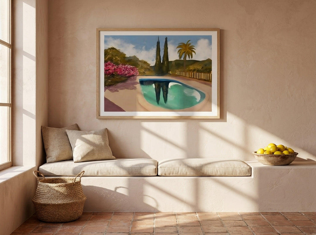 Modern wall art print styled on the wall in a Mediterranean living room