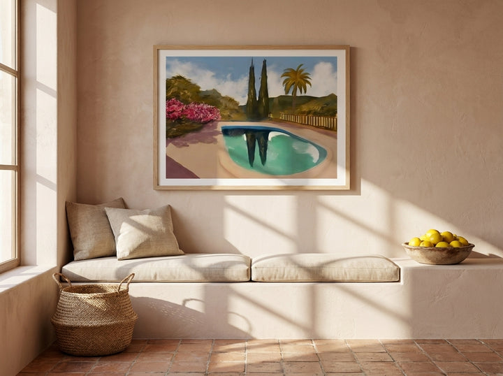 Modern wall art print styled on the wall in a Mediterranean living room