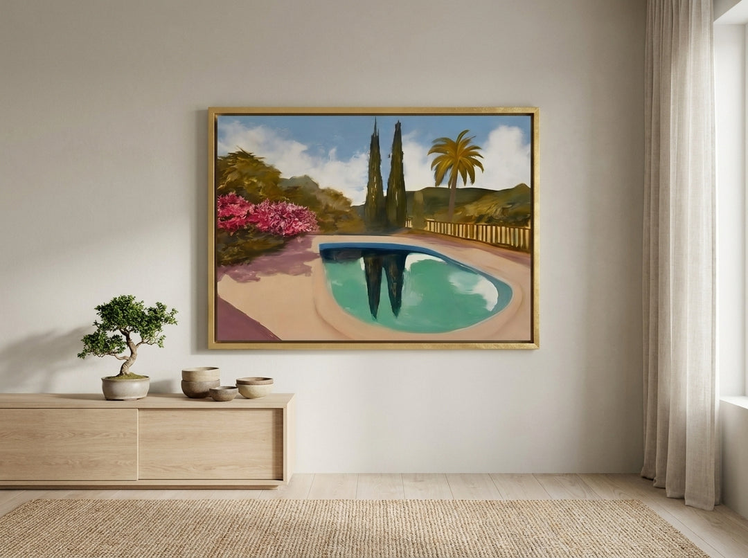 Canvas wall art with a gold leaf surround styled on the wall in a warm Japandi living room