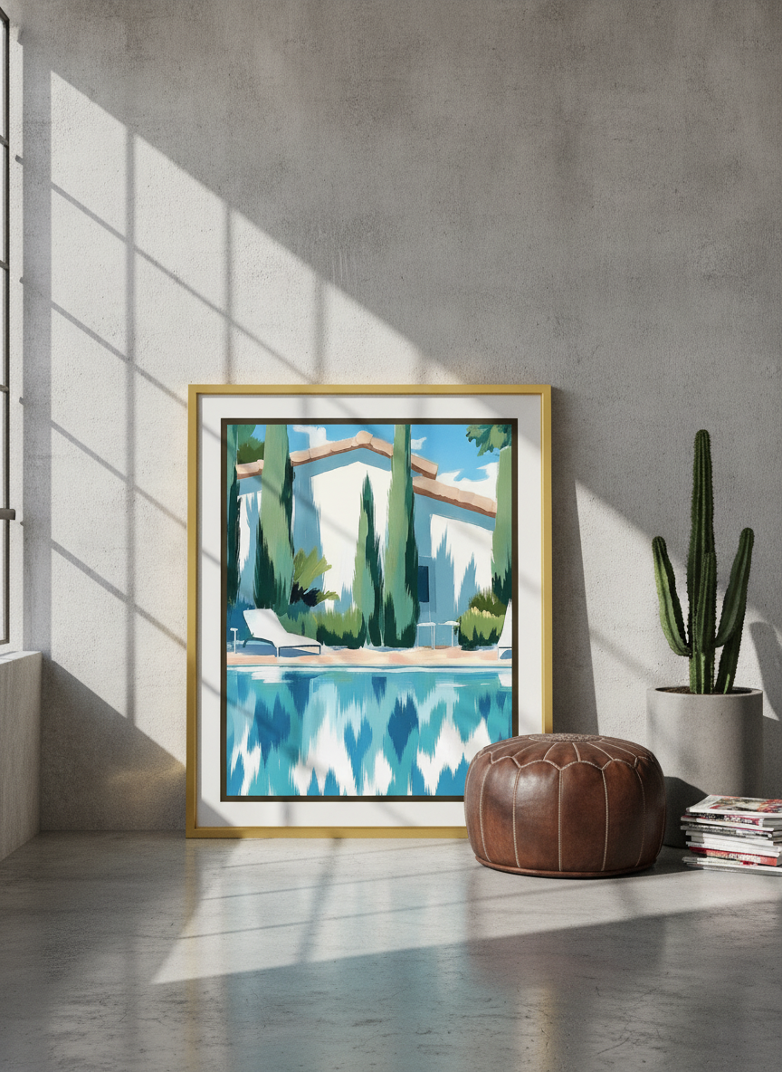 Canvas wall art with a gold leaf surround leaning against the wall in an industrial loft living room