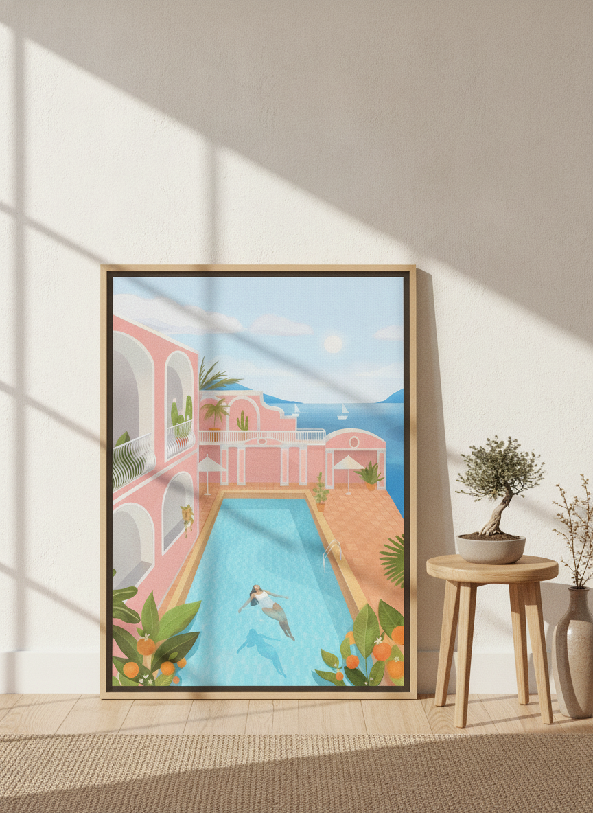 Canvas wall art with a natural timber surround leaning against the wall in a warm Japandi bathroom