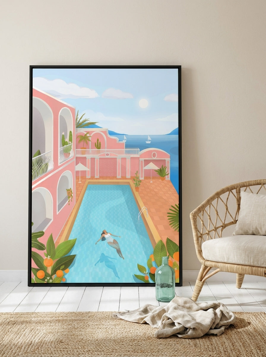 Oversized statement canvas wall art with a black surround leaning against the wall in a coastal living room