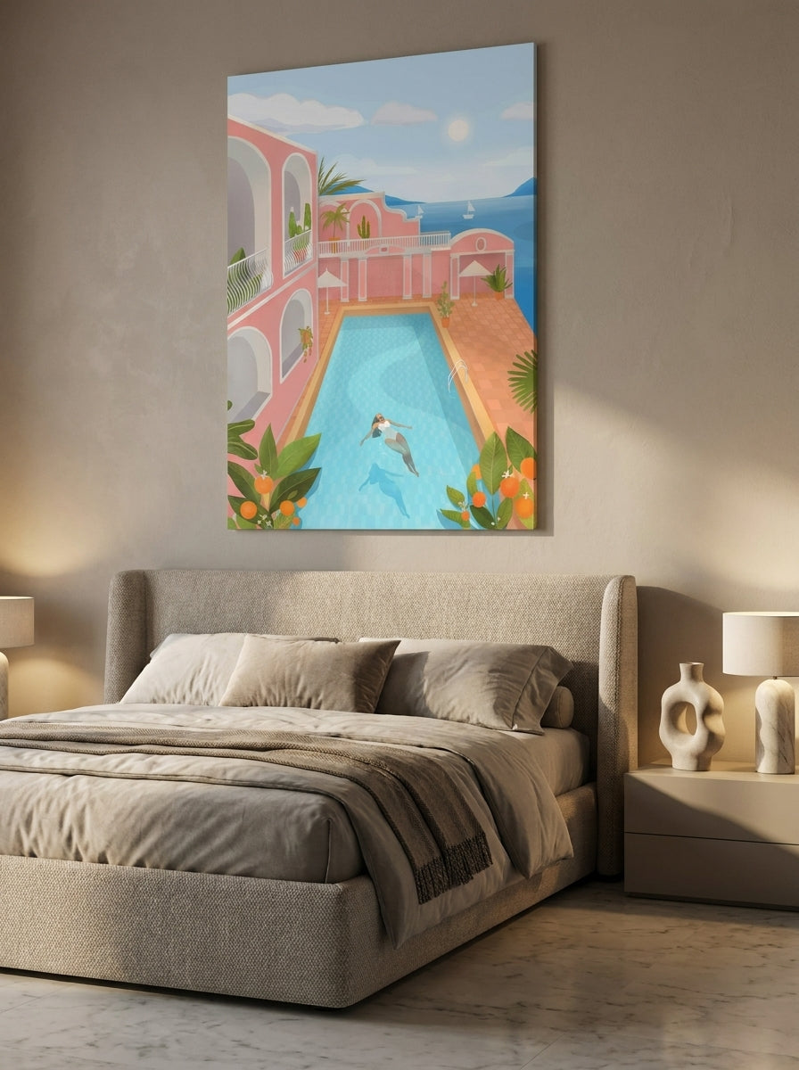 Stretched canvas wall art styled on the wall in a luxe bedroom