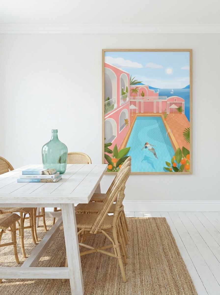 Oversized statement modern wall art print styled on the wall in a coastal dining room