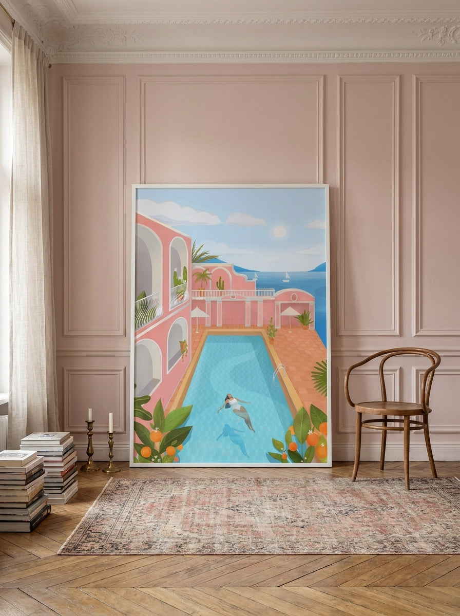 Oversized statement modern wall art print leaning against the wall in a Parisian living room