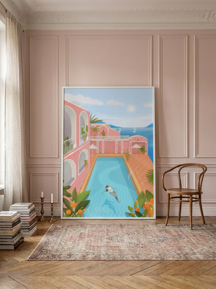 Oversized statement modern wall art print leaning against the wall in a Parisian living room