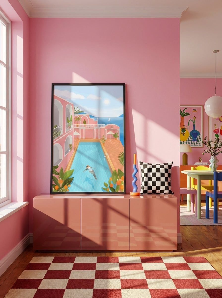 Modern wall art print standing on a sideboard in a colourful eclectic dining room