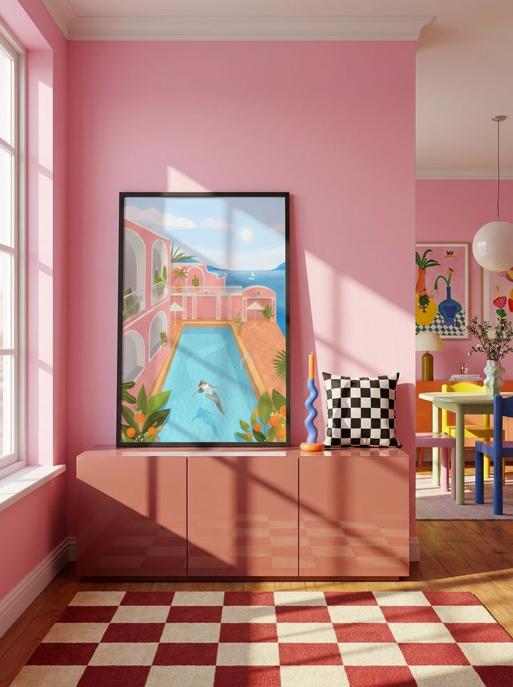 Modern wall art print standing on a sideboard in a colourful eclectic dining room