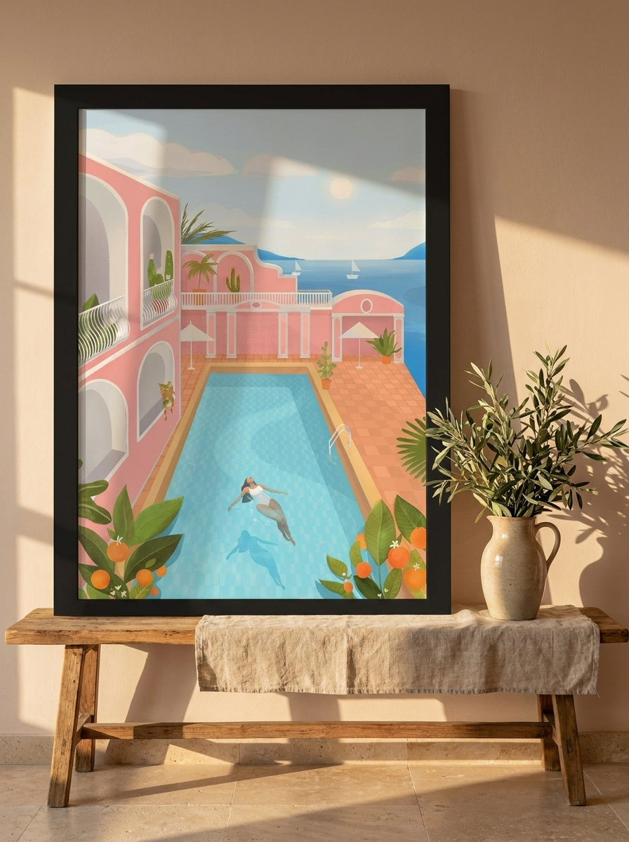 Modern wall art print standing on a bench in a Mediterranean bedroom