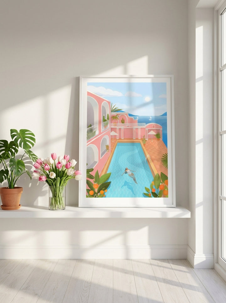 Modern wall art print standing on a shelf in a bright Scandinavian bathroom