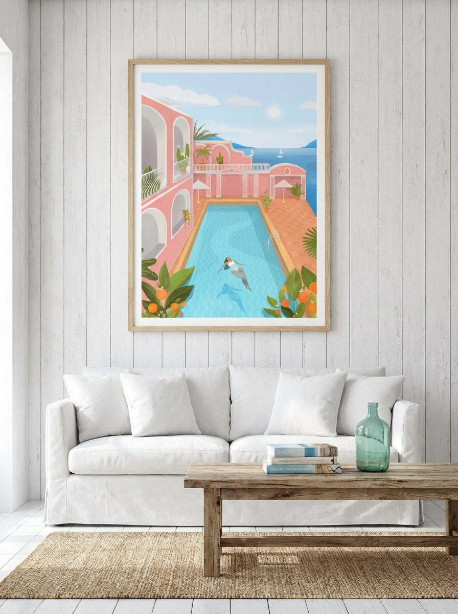 Modern wall art print styled on the wall in a coastal living room
