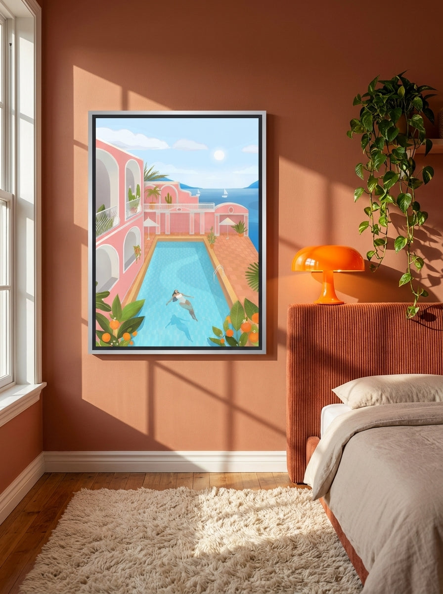 Canvas wall art with a silver leaf surround styled on the wall in a retro 70s bedroom
