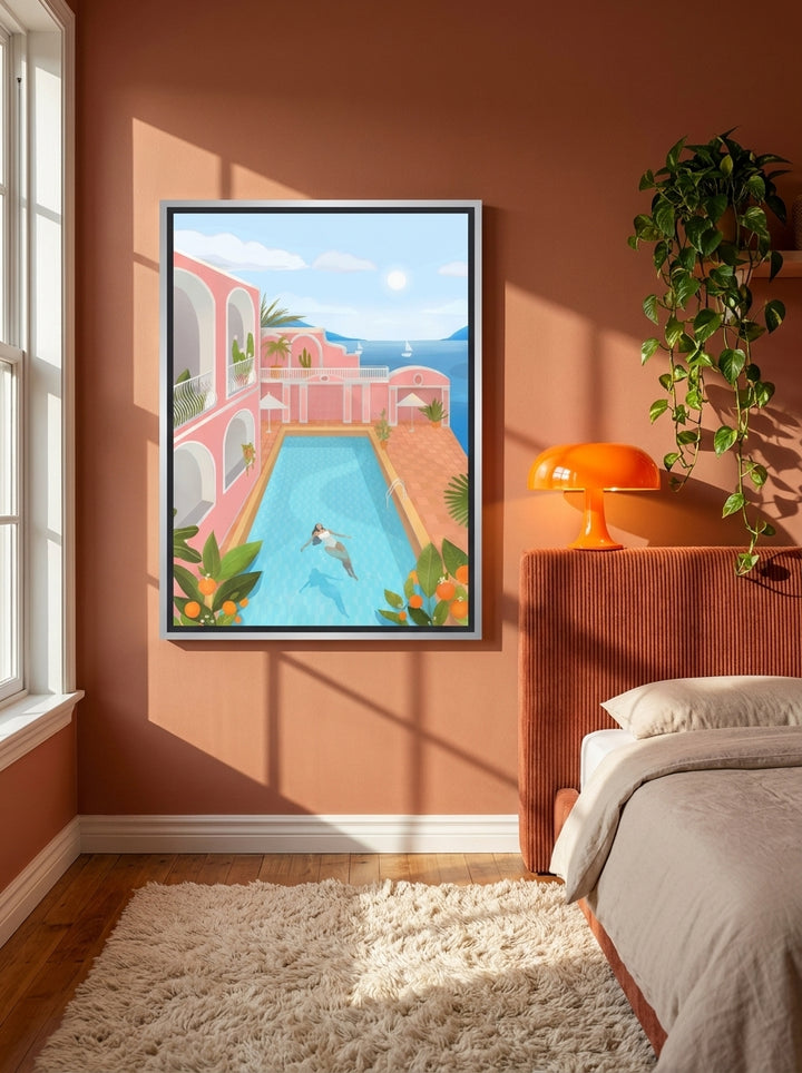 Canvas wall art with a silver leaf surround styled on the wall in a retro 70s bedroom