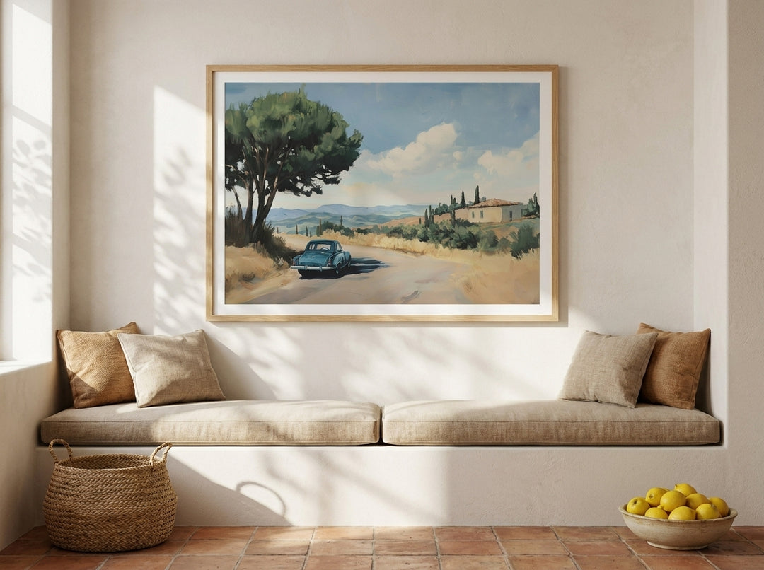 Modern wall art print styled on the wall in a Mediterranean living room