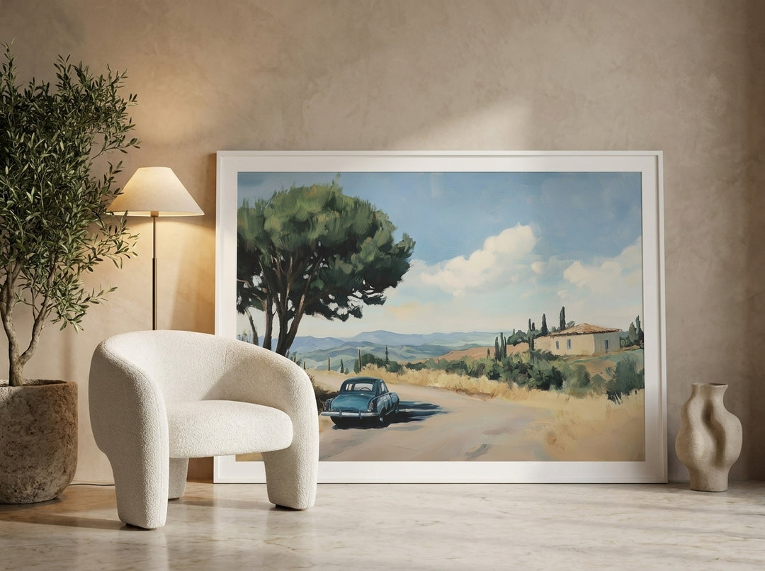 Oversized statement modern wall art print leaning against the wall in a luxe bedroom