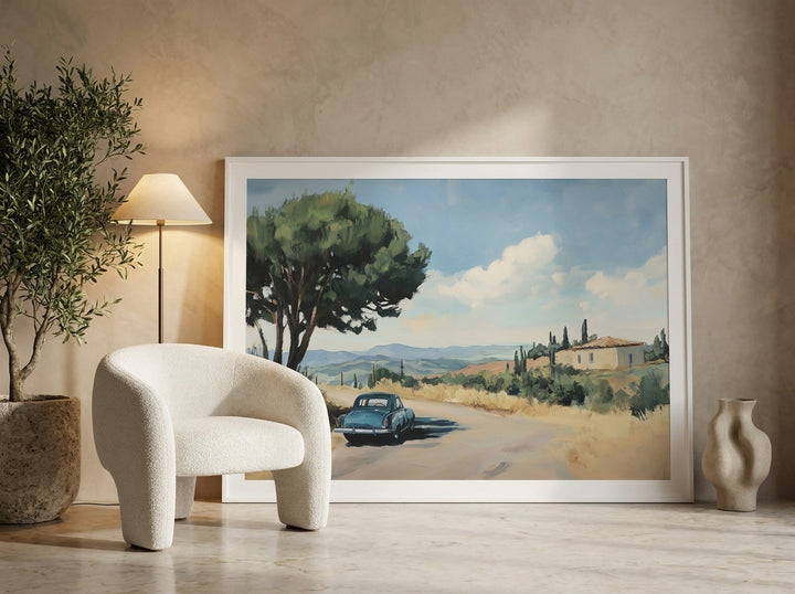 Oversized statement modern wall art print leaning against the wall in a luxe bedroom
