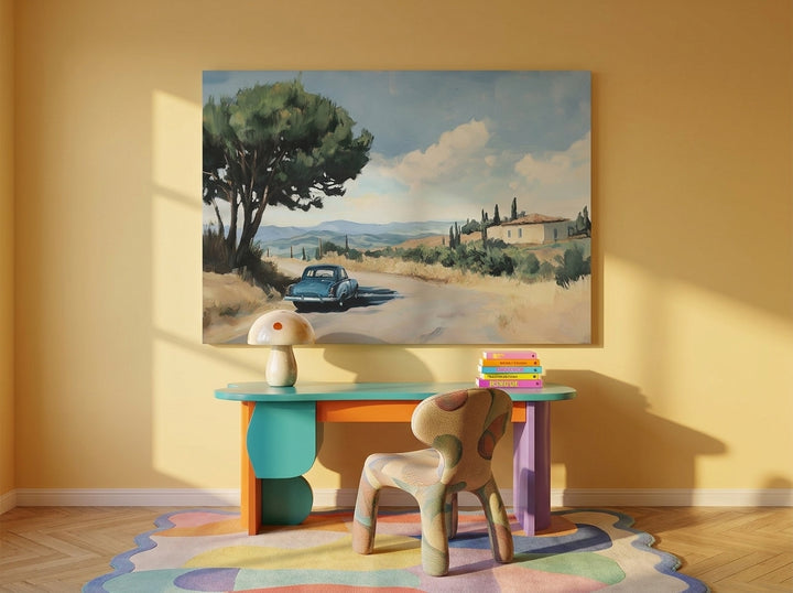 Stretched canvas wall art styled on the wall in a colourful eclectic home office
