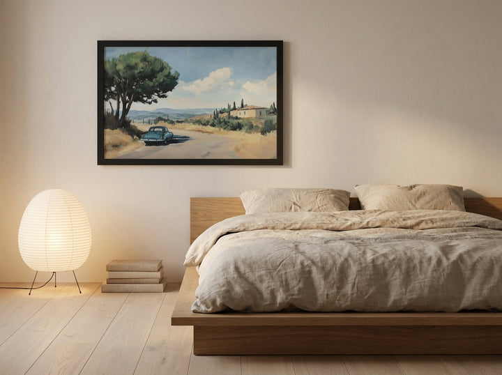 Modern wall art print styled on the wall in a warm Japandi bedroom
