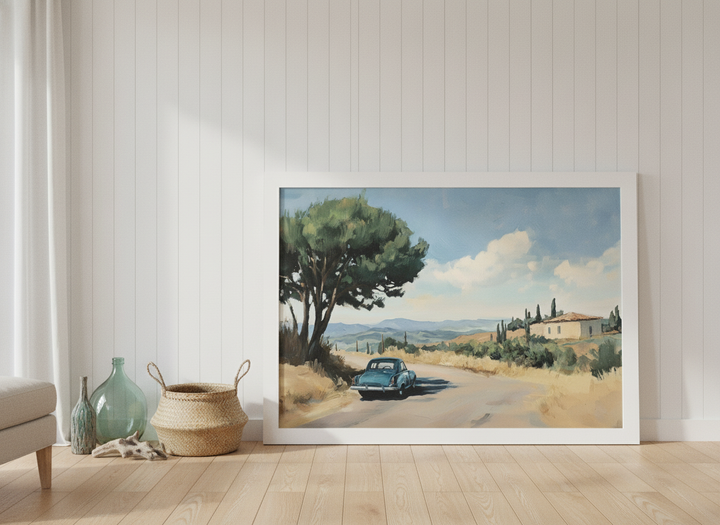 Oversized statement modern wall art print leaning against the wall in a coastal living room
