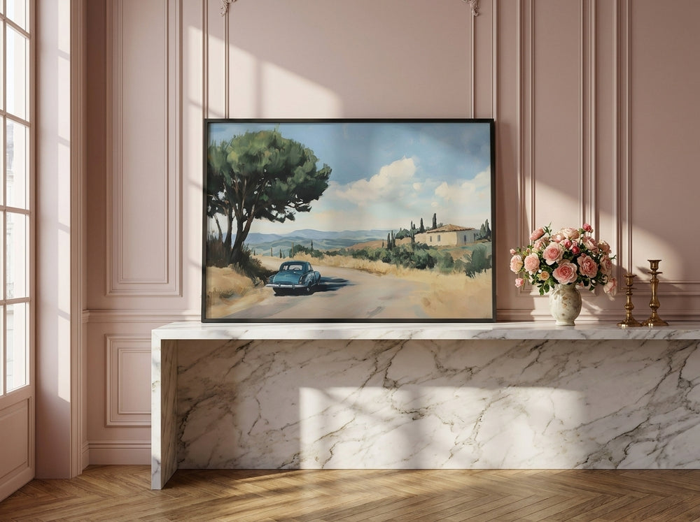 Modern wall art print standing on a console in a Parisian home office
