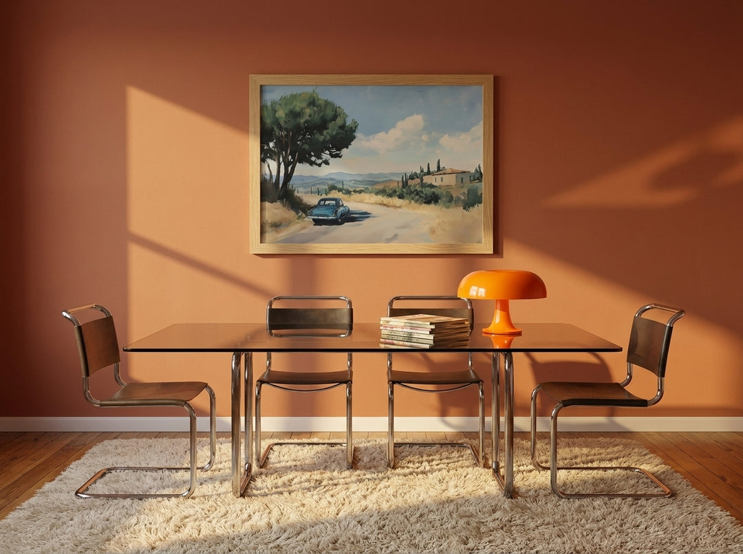 Modern wall art print styled on the wall in a retro 70s dining room