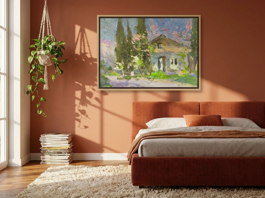 Canvas wall art with a natural timber surround styled on the wall in a retro 70s bedroom