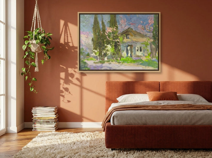 Canvas wall art with a natural timber surround styled on the wall in a retro 70s bedroom