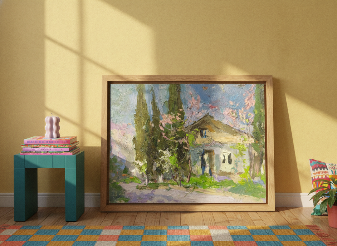 Modern wall art print standing on a side table in a colourful eclectic bedroom