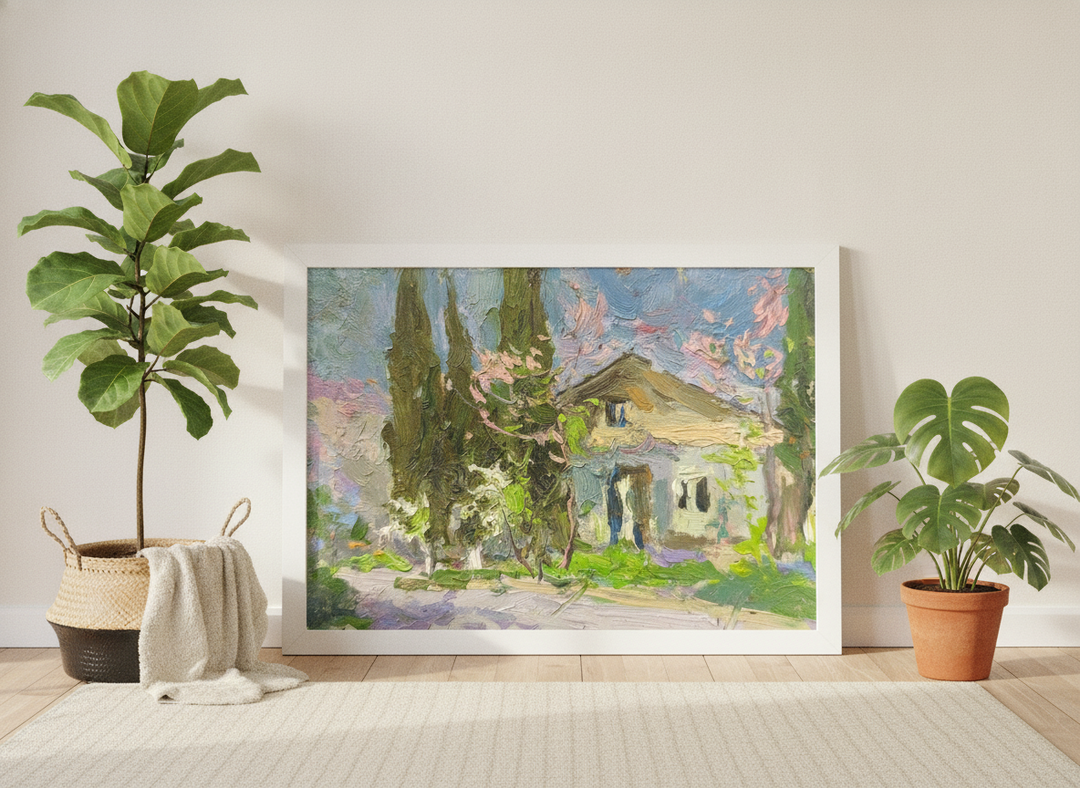 Modern wall art print leaning against the wall in a bright Scandinavian dining room