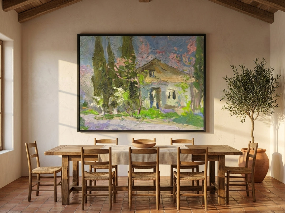 Oversized statement modern wall art print styled on the wall in a Mediterranean dining room