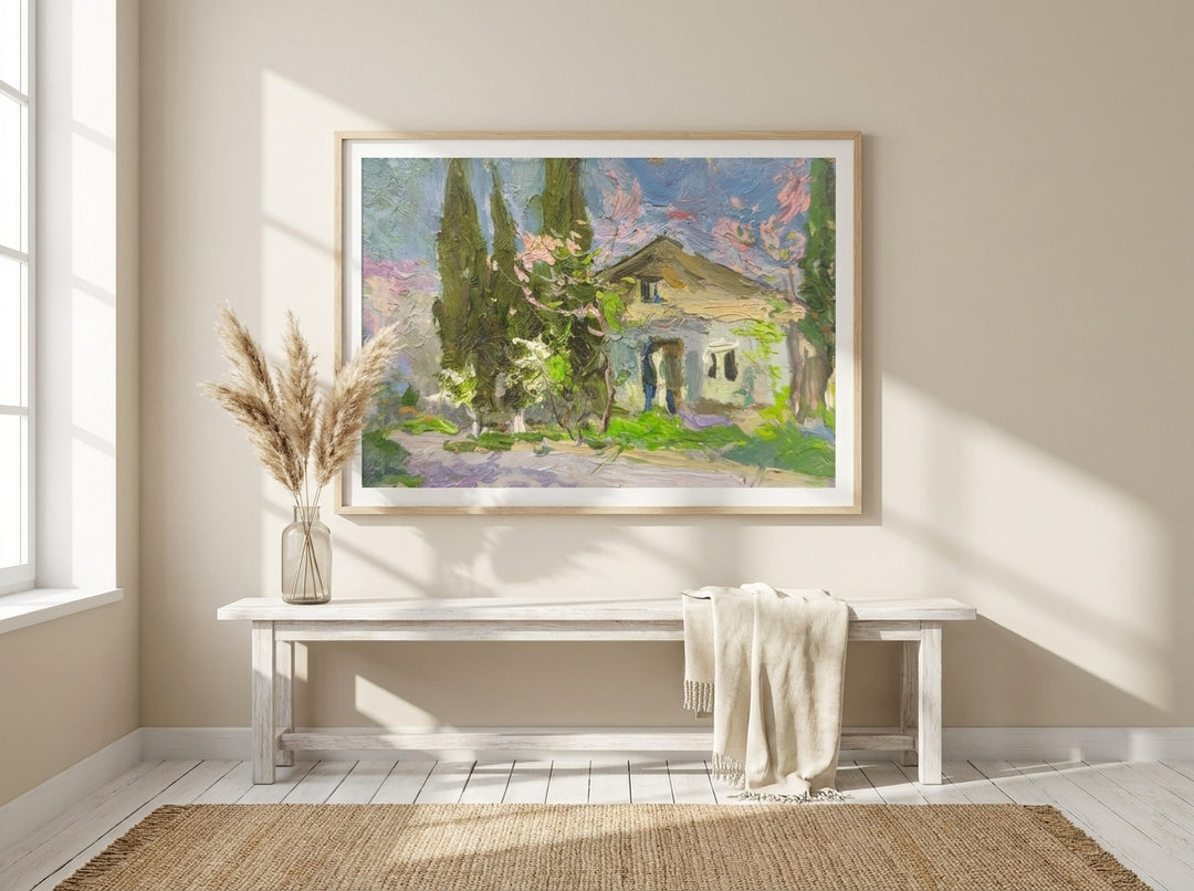 Modern wall art print styled on the wall in a coastal living room