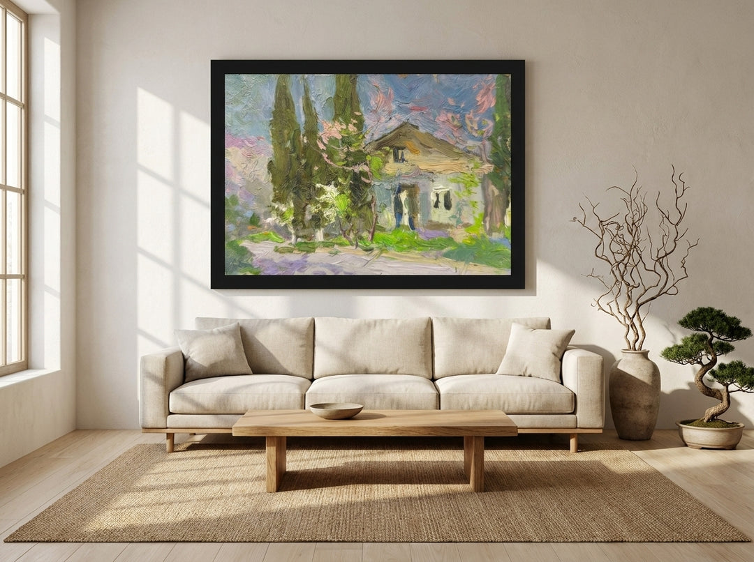Oversized statement modern wall art print styled on the wall in a warm Japandi living room