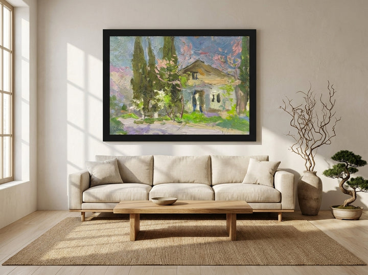 Oversized statement modern wall art print styled on the wall in a warm Japandi living room