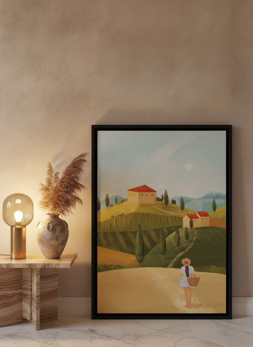 Canvas wall art with a black surround leaning against the wall in a luxe living room