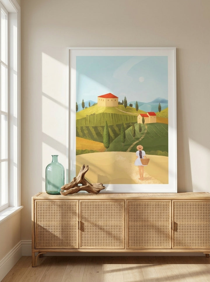 Modern wall art print standing on a sideboard in a coastal home office