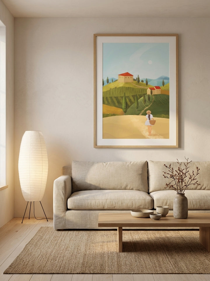 Modern wall art print styled on the wall in a warm Japandi living room