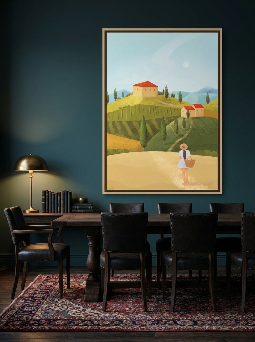 Oversized statement canvas wall art with a natural timber surround styled on the wall in a moody dining room