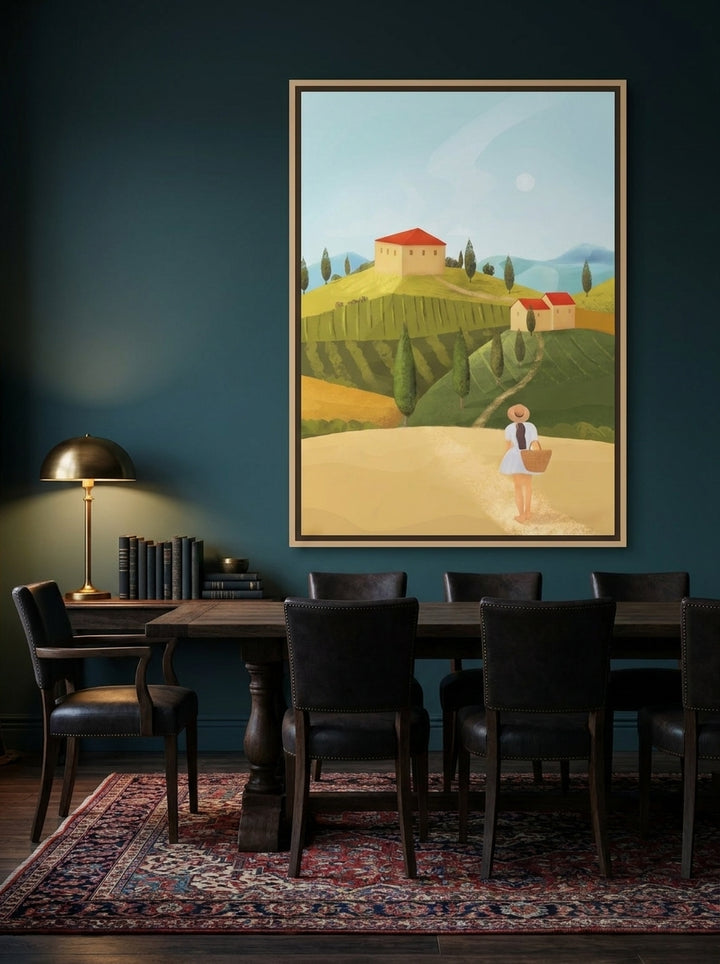 Oversized statement canvas wall art with a natural timber surround styled on the wall in a moody dining room