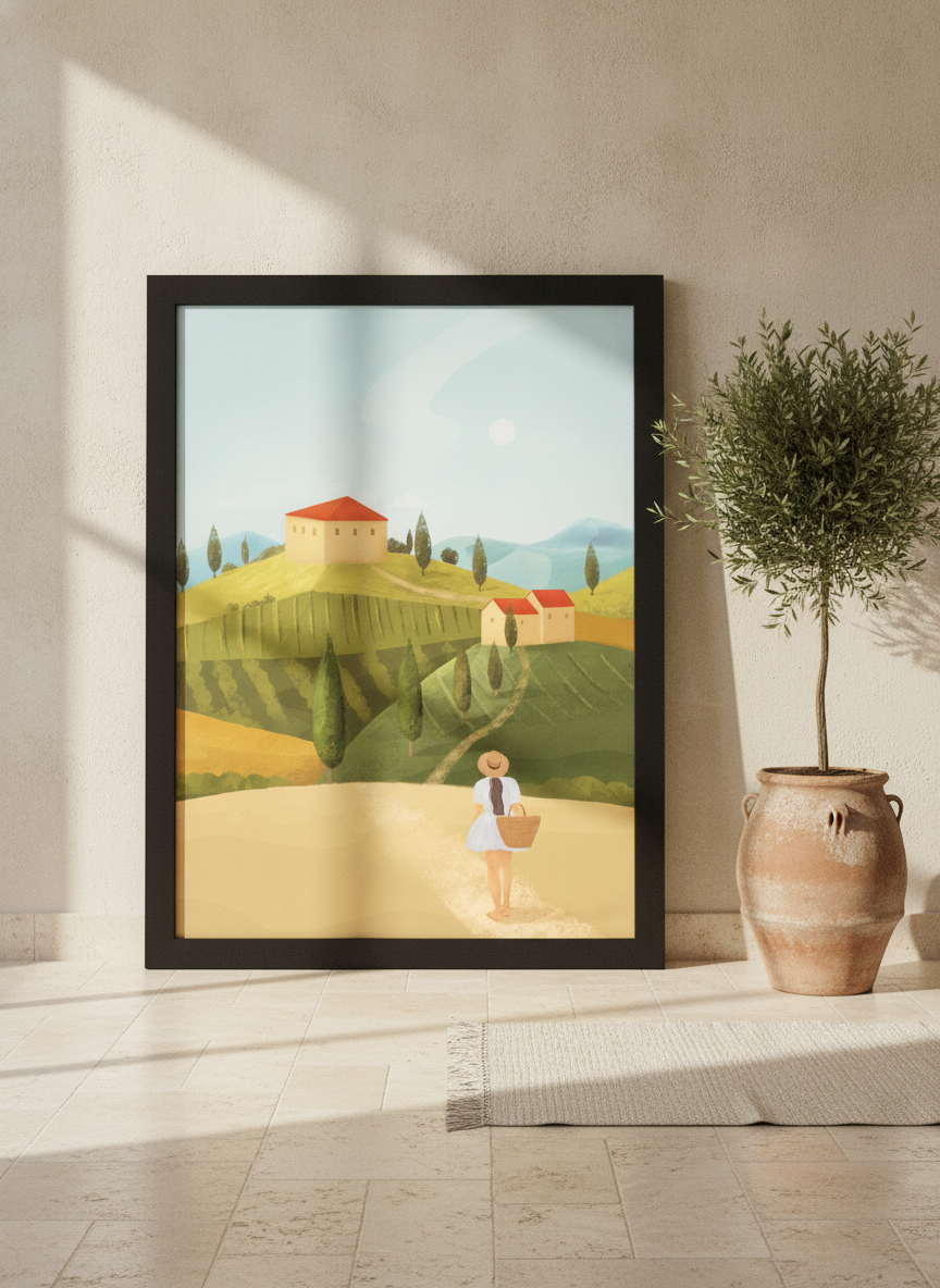 Oversized statement modern wall art print leaning against the wall in a Mediterranean bedroom