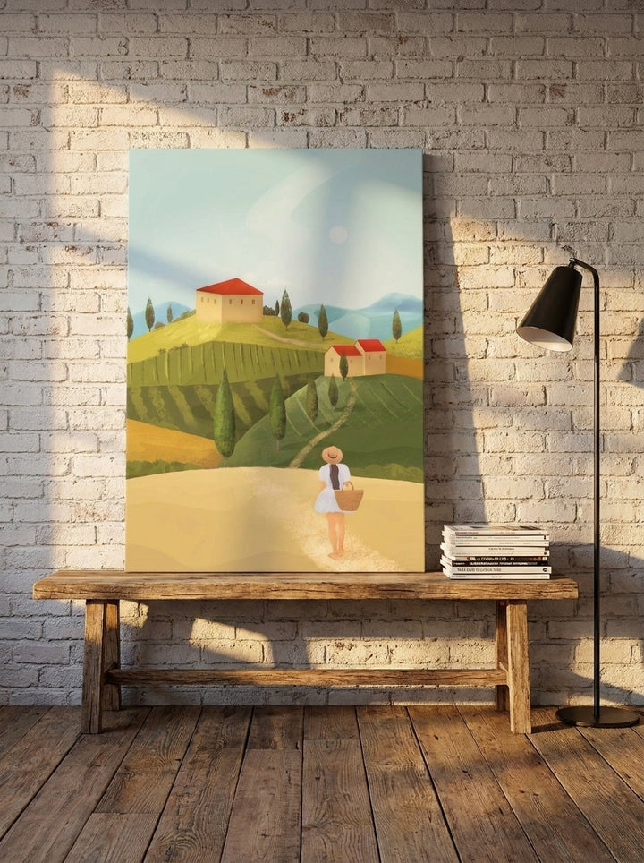 Stretched canvas wall art standing on a bench in an industrial loft home office