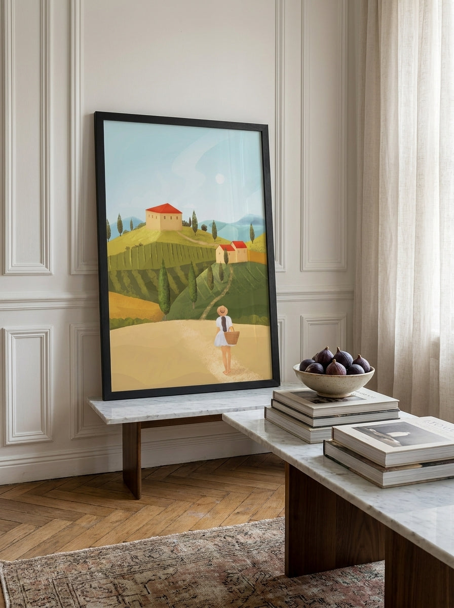 Modern wall art print standing on a console in a Parisian living room
