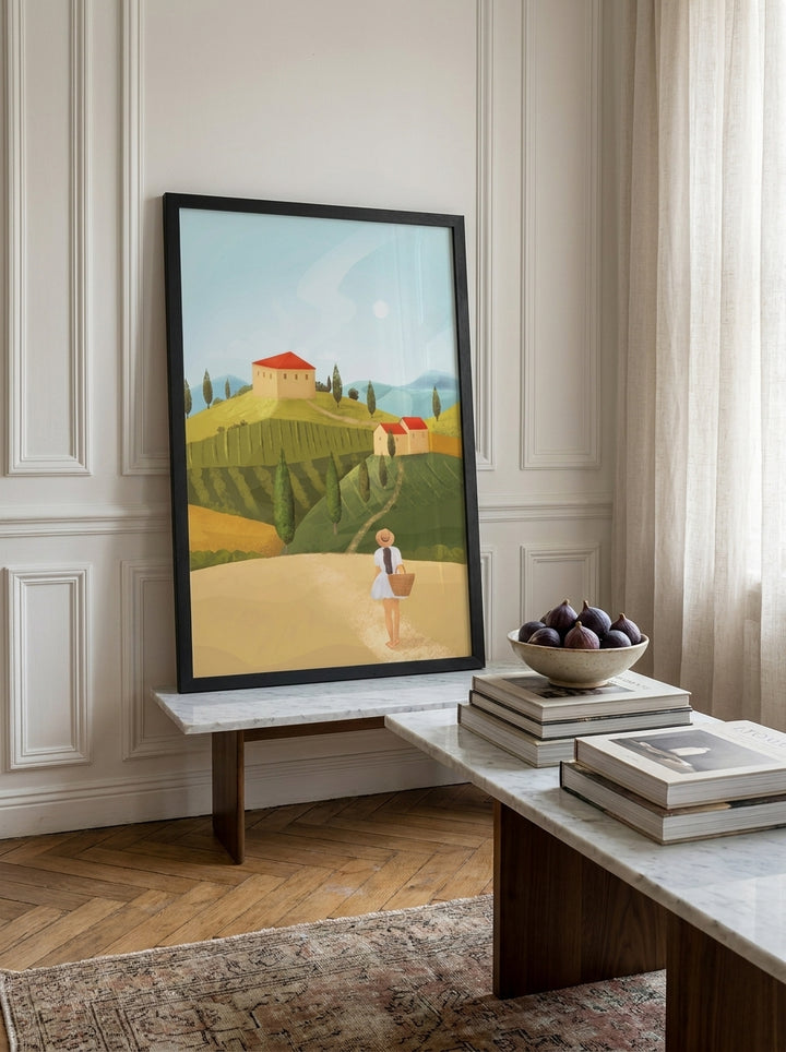Modern wall art print standing on a console in a Parisian living room