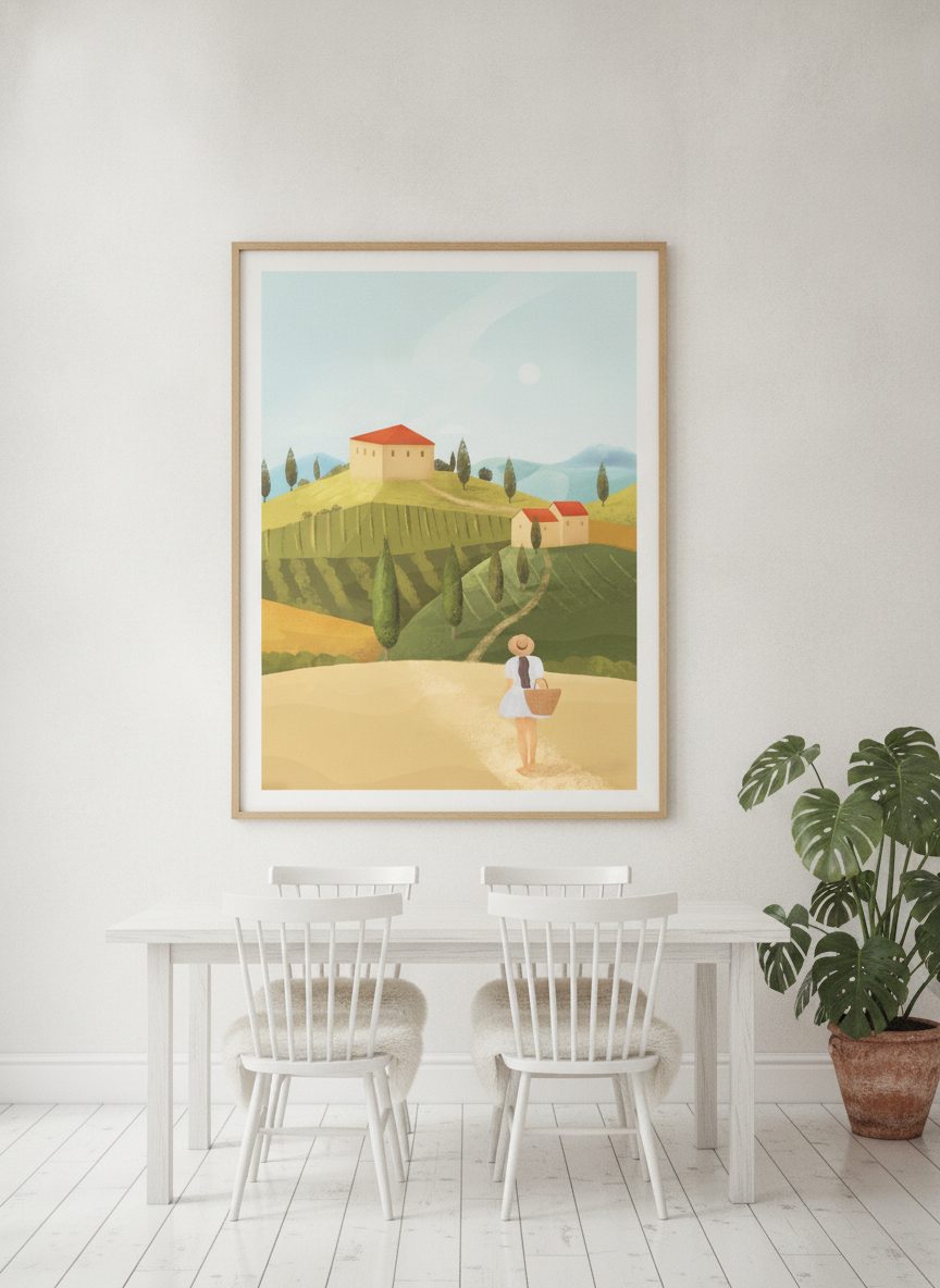 Oversized statement modern wall art print styled on the wall in a bright Scandinavian dining room