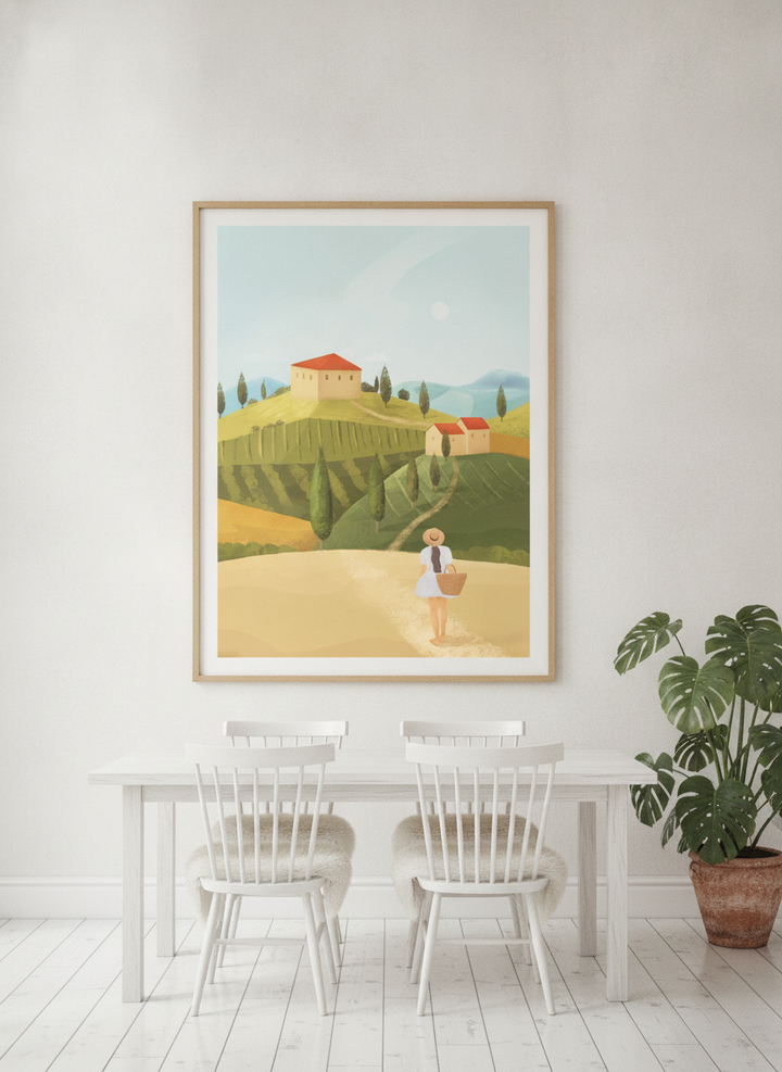 Oversized statement modern wall art print styled on the wall in a bright Scandinavian dining room