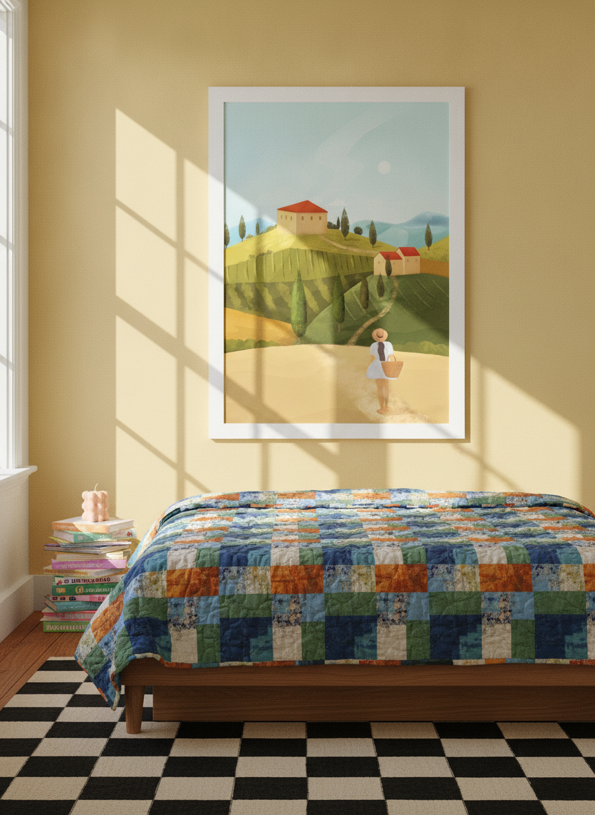Modern wall art print styled on the wall in a colourful eclectic bedroom