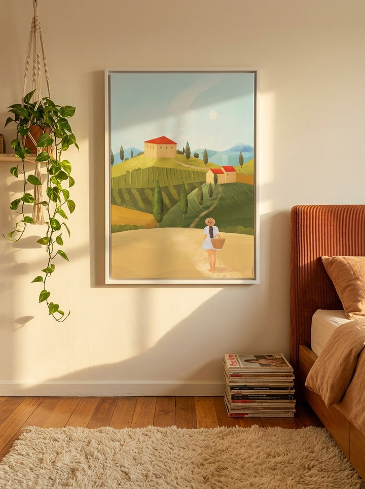 Canvas wall art with a white surround styled on the wall in a retro 70s bedroom