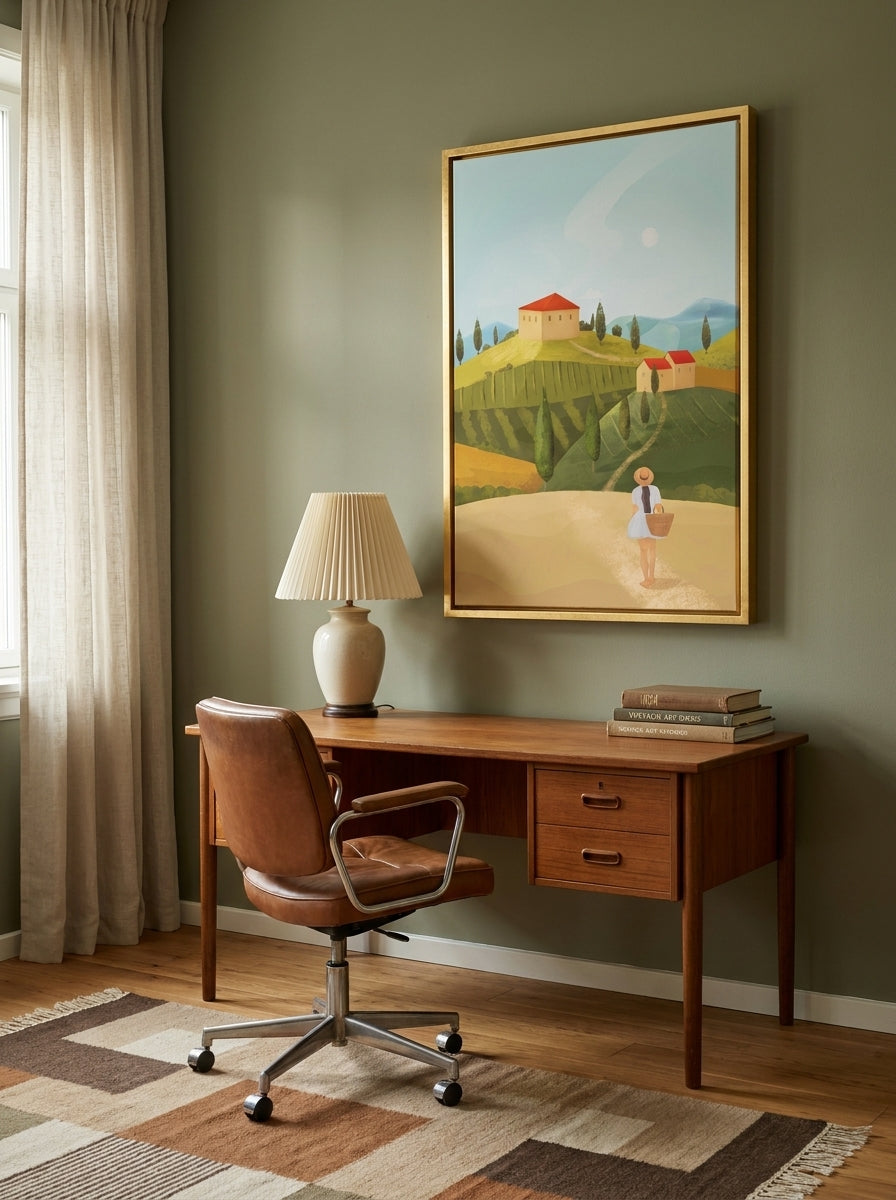 Canvas wall art with a gold leaf surround styled on the wall in a mid-century home office