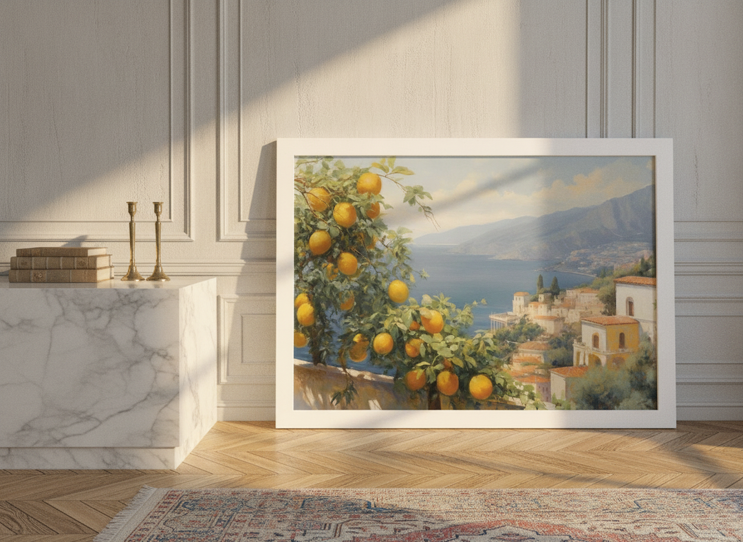 Modern wall art print standing on a kitchen bench in a Parisian kitchen